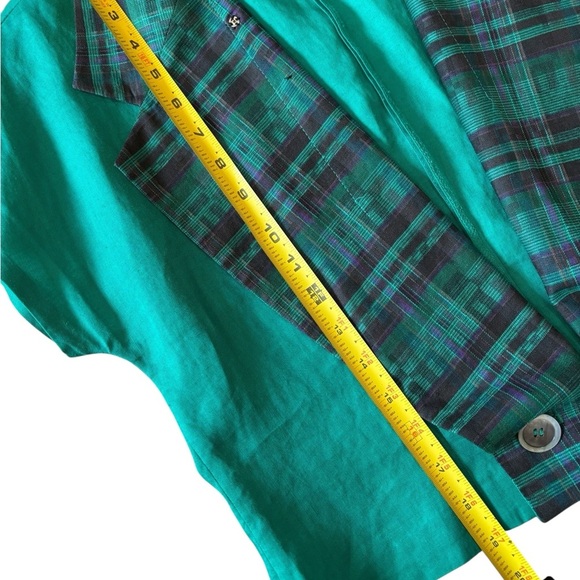 Y2K 90s ADDENDA Green Plaid Open Front Asymmetrical Crop Blazer Jacket, Small - Picture 7 of 10